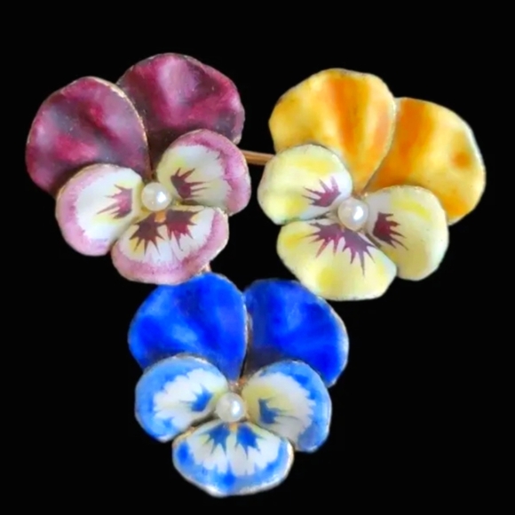 Antique 14K Gold Pearl Enamel Pansy Flower Brooch Estate 7.2 grams - Picture 1 of 17